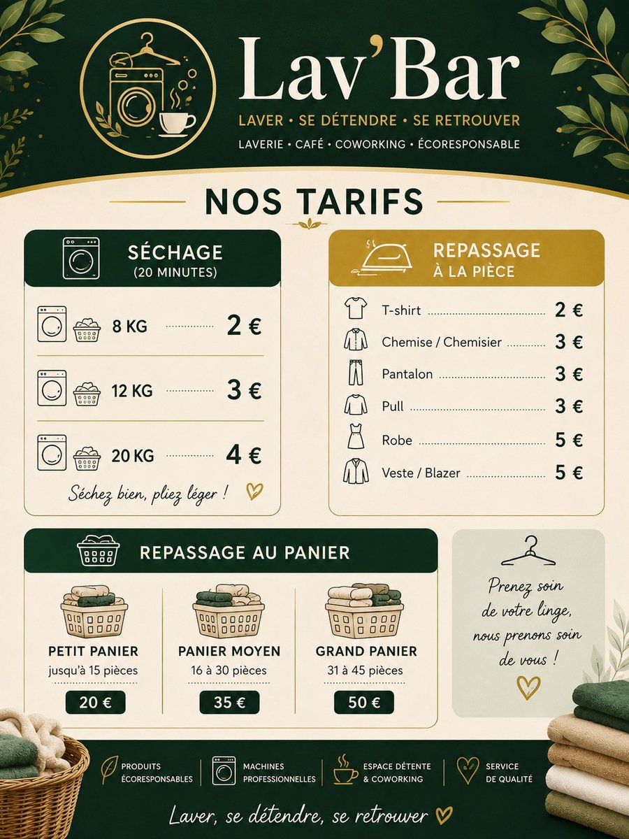 Tarifs séchage et repassage Lav'Bar